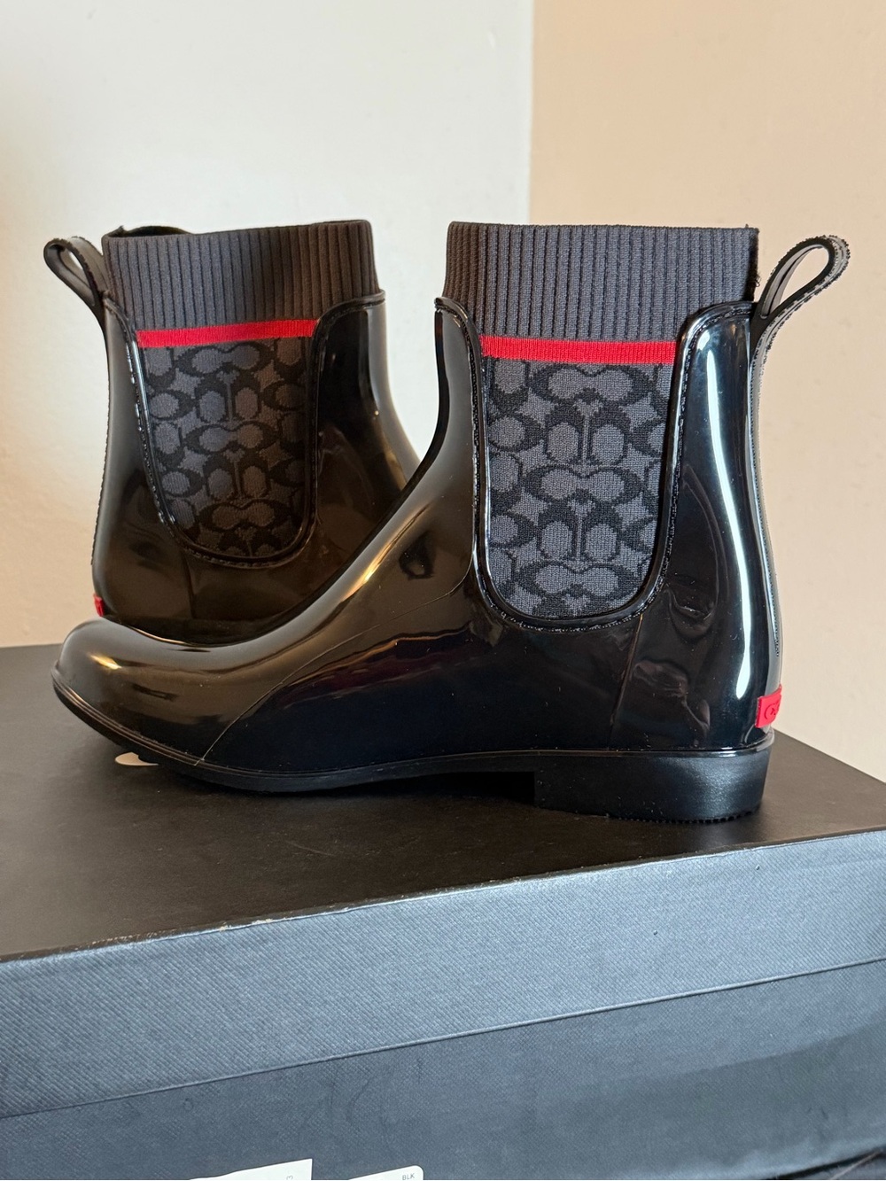 Coach Black Patent Ankle Rain Boots with Signature Knit Panel and Red Trim - Picture 3 of 7